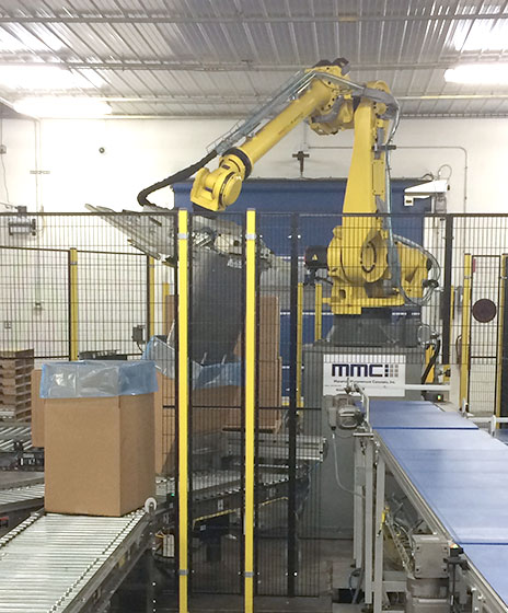 pick and place robot with custom end of arm tooling, robotic palletizer, robotic palletization, robotic palletizing system, robotic palletizers, robotic palletizing arm, palletizier, automatic palletizer, palletization